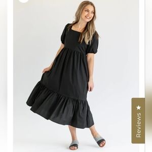 Womens 100% Cotton Square Neck Midi Dress Black